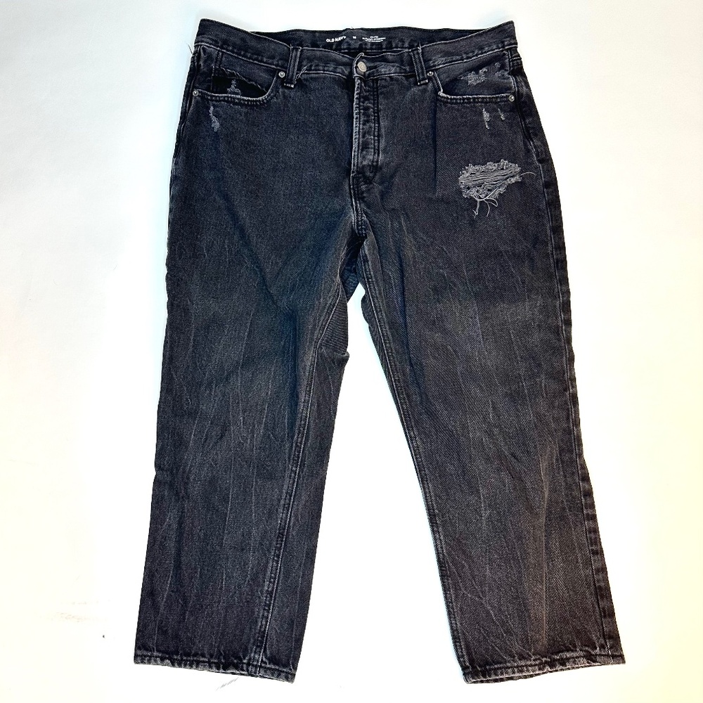 Old Navy High Rise Crop Dark Slouchy Straight Denim Jeans - Distressed, black 16